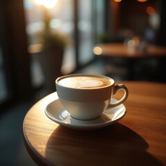 Fototapeta premium Coffee with Foam Art on Wooden Table in Cafe Setting