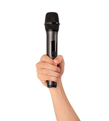 Hand holding wireless microphone isolated. Premium high quality studio shot. Concept for...