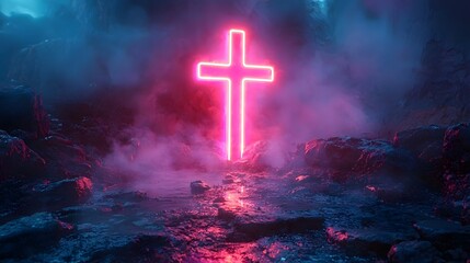 Fototapeta premium Glowing neon cross in a mystical landscape