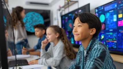 Diverse young Asian students collaborating with artificial intelligence learning platform in bright modern classroom with interactive displays showing machine learning visualizations