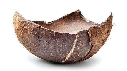 A halved coconut shell with a rough texture and a jagged edge on a white background in a studio shot