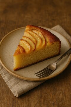 A slice of apple Ma&ccedil;ana cake with glazed fruit topping on a ceramic plate. AI-generated.