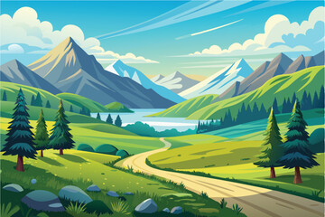 scenic mountain landscape illustration with lush greenery

