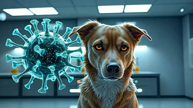 Dog Standing in Laboratory Room with Digital Virus Particle Floating in Background Under Cold Lighting
