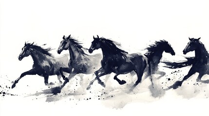 Five Black Horses Running: Elegant Ink Wash Painting of Equine Movement