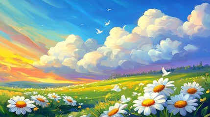 Fototapeta premium A vibrant, colorful landscape of a meadow with wildflowers and a beautiful sky.