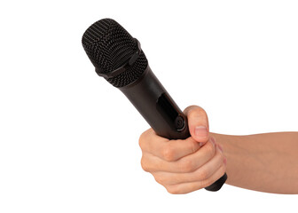 Hand holding wireless microphone isolated. Premium high quality studio shot. Concept for...