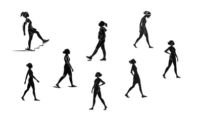 Fototapeta premium Vector silhouette of woman walking, Silhouettes of women in various walking poses, some wearing athletic clothes, some wearing casual or elegant clothes, on a clean white background