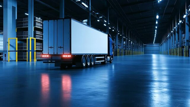 Decorated truck backed into a warehouse dock, clean side panel visible and empty, ideal for displaying product mockups or corporate logos