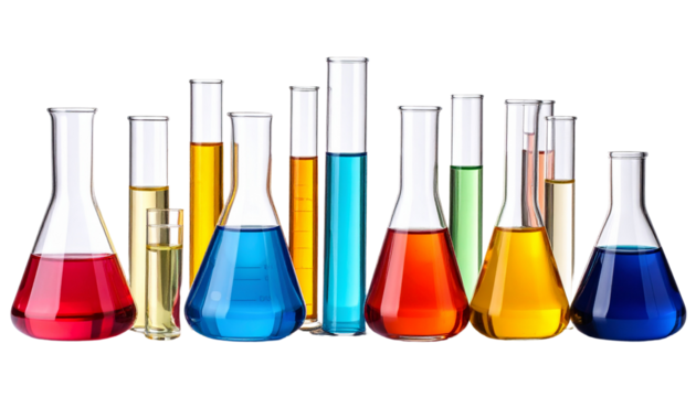 Glass beakers and test tubes filled with colorful liquids, neatly arranged in a row, isolated on transparent background