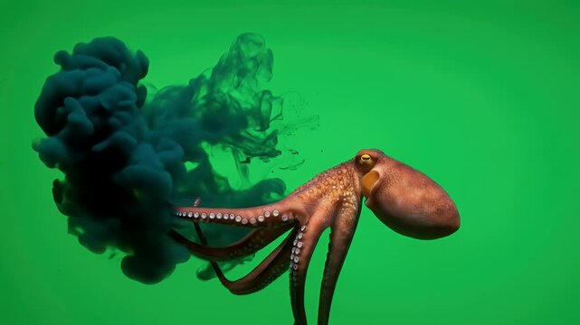Octopus Silhouette with Ink Cloud Against Vivid Green Backdrop