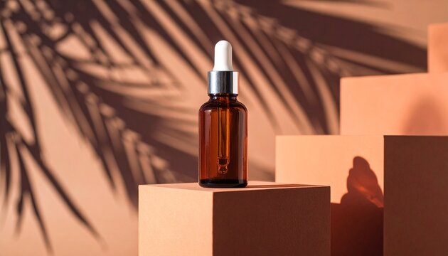 Elegant serum bottle product mockup with pedestal and palm shadow background, terracotta concept, branding and commercial use