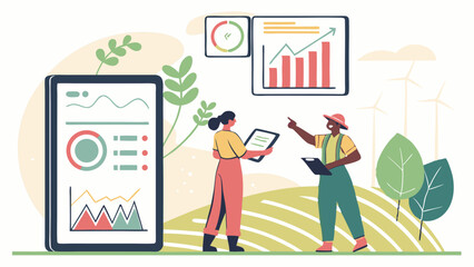 Two farmers analyzing data on a tablet and charts in a field with wind turbines in the background