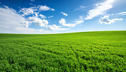 Field of green grass under blue sky peaceful natural landscape serene outdoor scenery