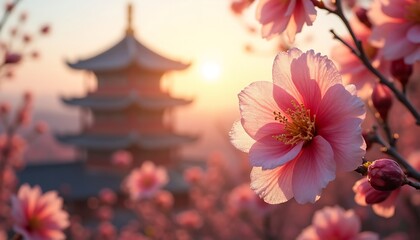 Blooming Pink Flowers with Pagoda at Sunset Soft Focus