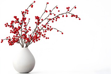 Still life of red berries on branches in a white vase against a clean white background in studio shot