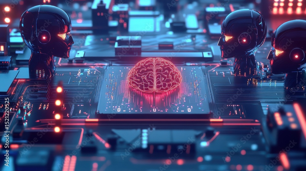 Aufkleber three robots with glowing brains in futuristic environment at night