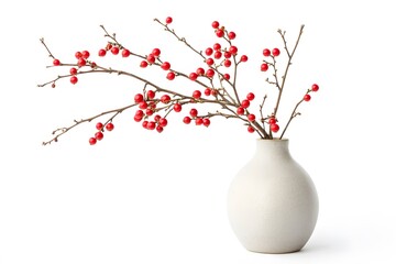 Still life of red berries on branches in a white vase against a plain white studio background setting scene