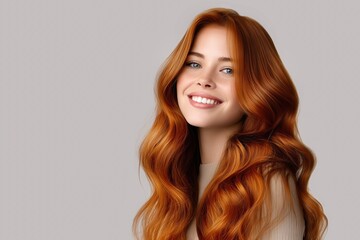 Portrait of a woman with bright wavy red hair. Copycpase
