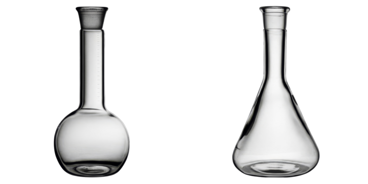 PNG Two transparent glass flasks stand side-by-side on a white background.