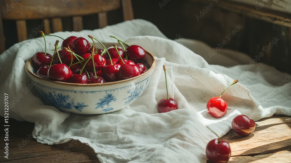 Poster fresh cherries displayed in rustic bowl on wooden surface