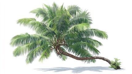 Lush Tropical Palm Tree with Curved Trunk Displaying Vibrant Green Fronds Against Clean White Background