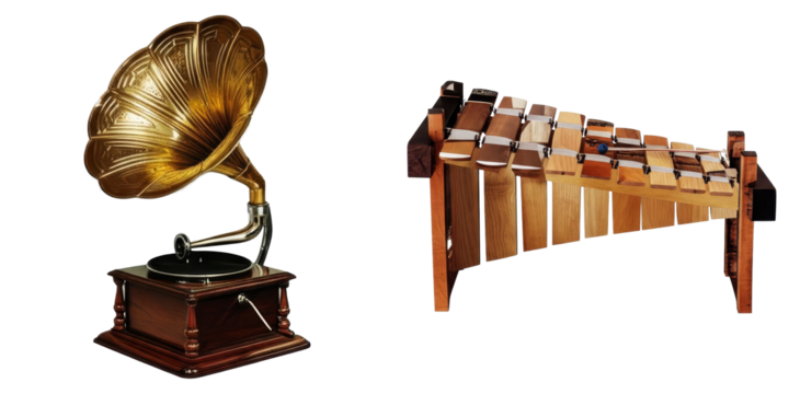 PNG Vintage gramophone and xylophone arranged on a transparent canvas. - Powered by Adobe