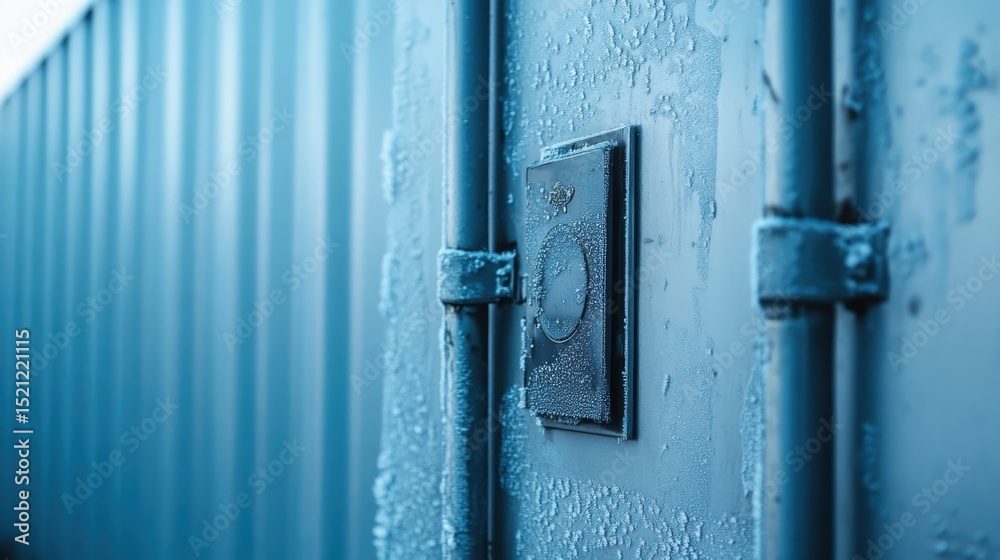 Aufkleber electrical box on frost covered surface in industrial setting