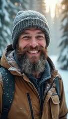 Fototapeta premium Happy Caucasian man in brown jacket hiking in snowy forest