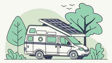 Illustration of a white camper van with solar panel on top parked near trees with birds flying above it