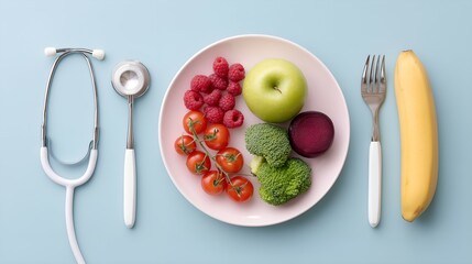 Healthy Eating Habits Concept with Plate of Fruits, Vegetables, Banana, and Stethoscope, Symbol of Nutrition and Preventive Healthcare, Wellness Promotion, Medical and Dietary Balance
