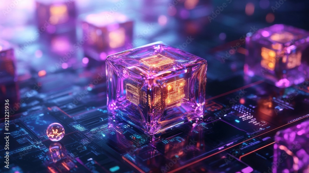 Poster Illuminated glass cube in futuristic technological environment