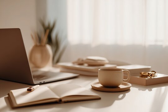 A minimalist desk setup with a laptop and coffee in soft natural light, creating a calm and productive workspace
