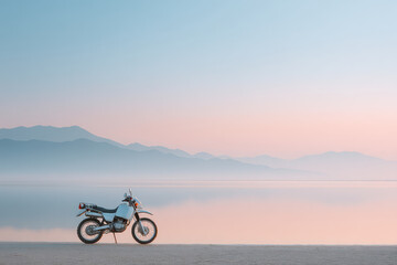 Fototapeta premium minimalist motorcycle parked on serene empty beach surrounded by soft pastel colors that evoke calmness