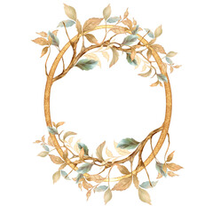 Golden Frame with Hand-drawn Teal and Beige Leaves