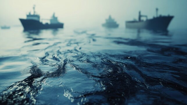 A large oil spill on the ocean, with industrial vessels in the distance, showing the environmental cost of industrial practices