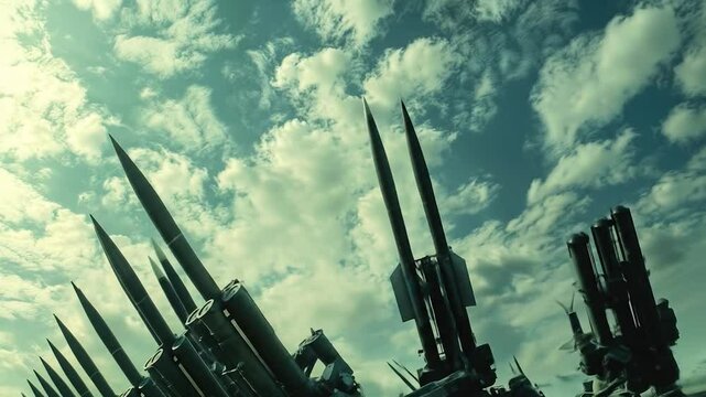 Missile defense system with multiple launch tubes pointed skyward against dramatic cloudy background, showcasing modern anti-aircraft weaponry in a threatening low-angle perspective. War preparation