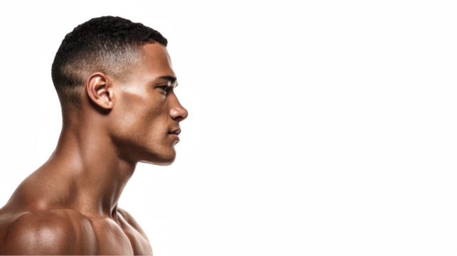 Profile of a muscular male model with short hair and a serious expression, showcasing his physique against a transparent background, ideal for fitness, fashion, or other projects - Powered by Adobe