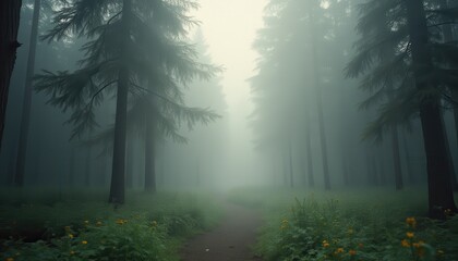 Obraz premium Misty forest path lined with trees and yellow flowers