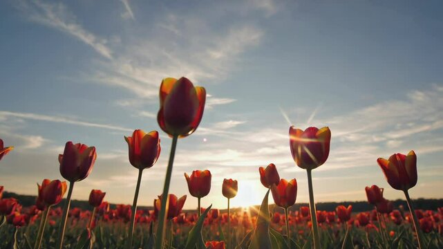 Golden Glow: Tulip Fields Bathed in Sunset Light
