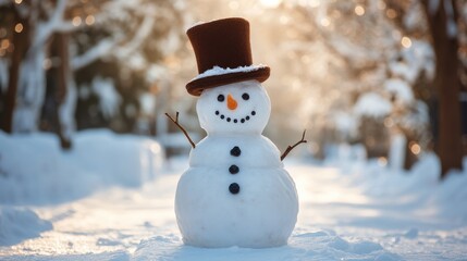 Whimsical snowman with hat in snowy forest during winter day