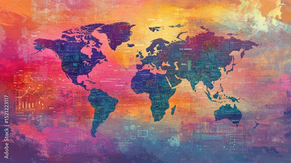 Poster Abstract world map with vibrant data visualizations and charts