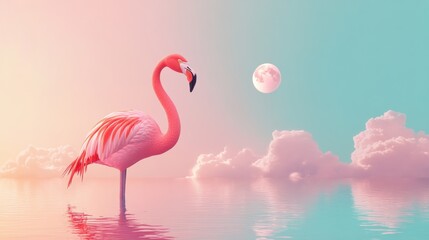 Fototapeta premium Flamingo standing in calm water at sunset with pastel sky