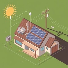 Isometric illustration showcasing a house powered by solar energy and innovative technology