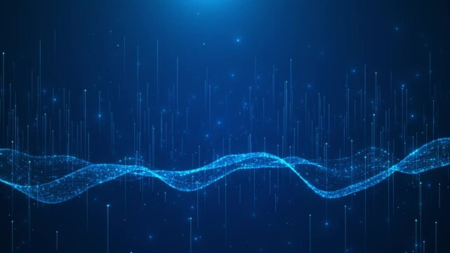 Futuristic Data flow transfer high speed internet AI analysis. Big data machine learning network technology particles. Wave Technology Animation Dark flowing dynamic digital waveforms presentations.