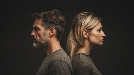 A man and woman, backs touching, profile view against a dark background, display somber expressions and body language suggesting estrangement or tension