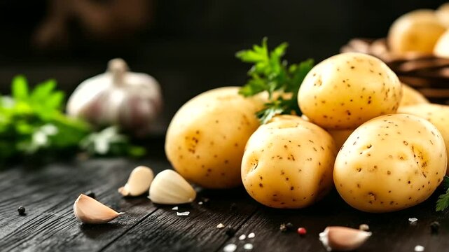 Elegant still-life shot of premium potatoes on a dark wooden surface, surrounded by herbs and garlic cloves, highlighting their culinary value