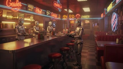 Retro diner staffed by robots, neon signs glow red - Powered by Adobe