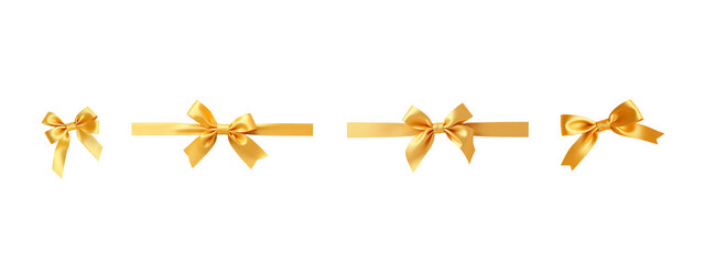 Four golden satin bows and ribbons isolated on transparent background