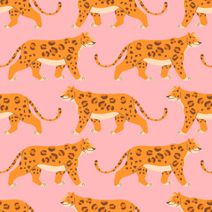 Leopard in flat style seamless pattern on light background